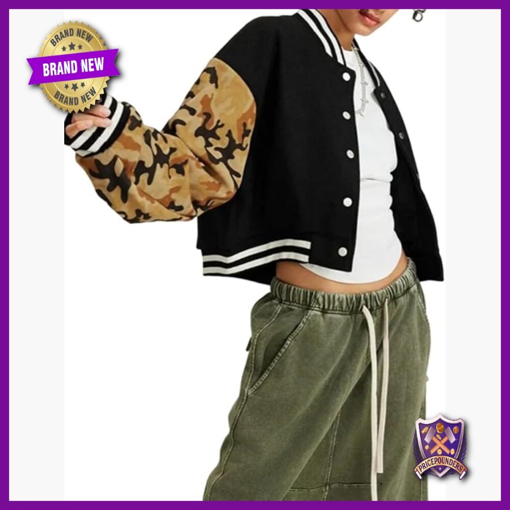 Cropped Varsity Bomber Jacket, Camo Sleeves, Polyester Blend, Relaxed Fit